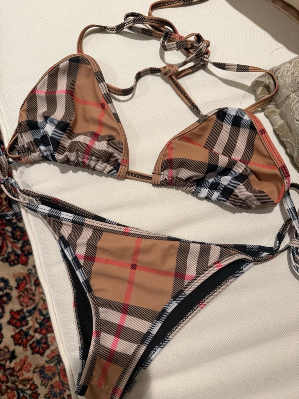 Burberry Beige Plaid Triangle String Bikini Set - Picture 2 of 10